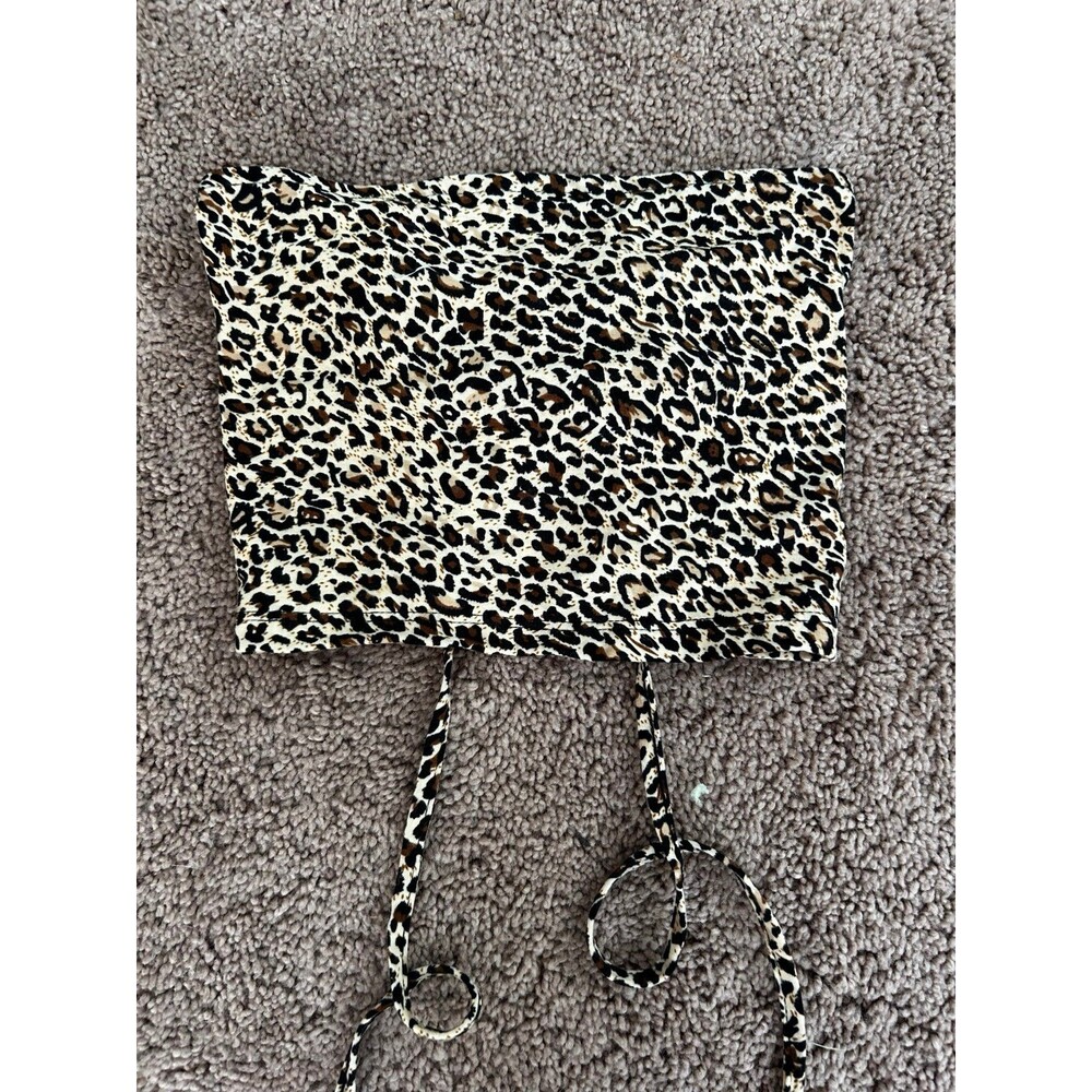 SHEIN Leopard Print Strapless Tube Crop Top Lace Up Back XS